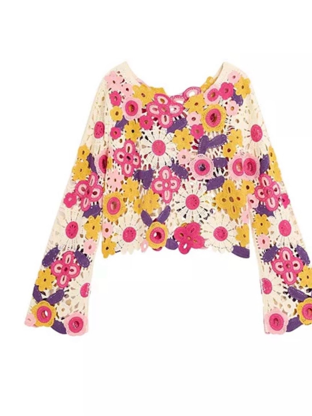 Desigual Cream Crochet Floral Crop Sweater with Pink, Yellow & Purple Accents